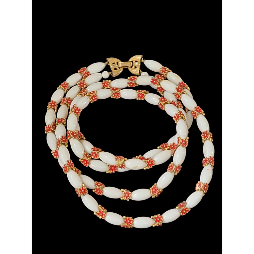 CROWN TRIFARI Monterey Milk Glass Red Enamel Flowers Double Strand Necklace Rare